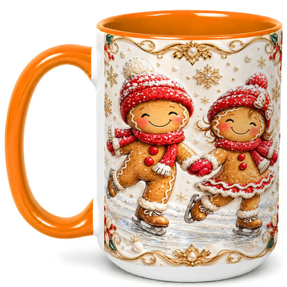 #pl[15oz|Orange] Gingerbread Skaters Coffee Mug, Christmas Couple Mug, Ceramic Cup