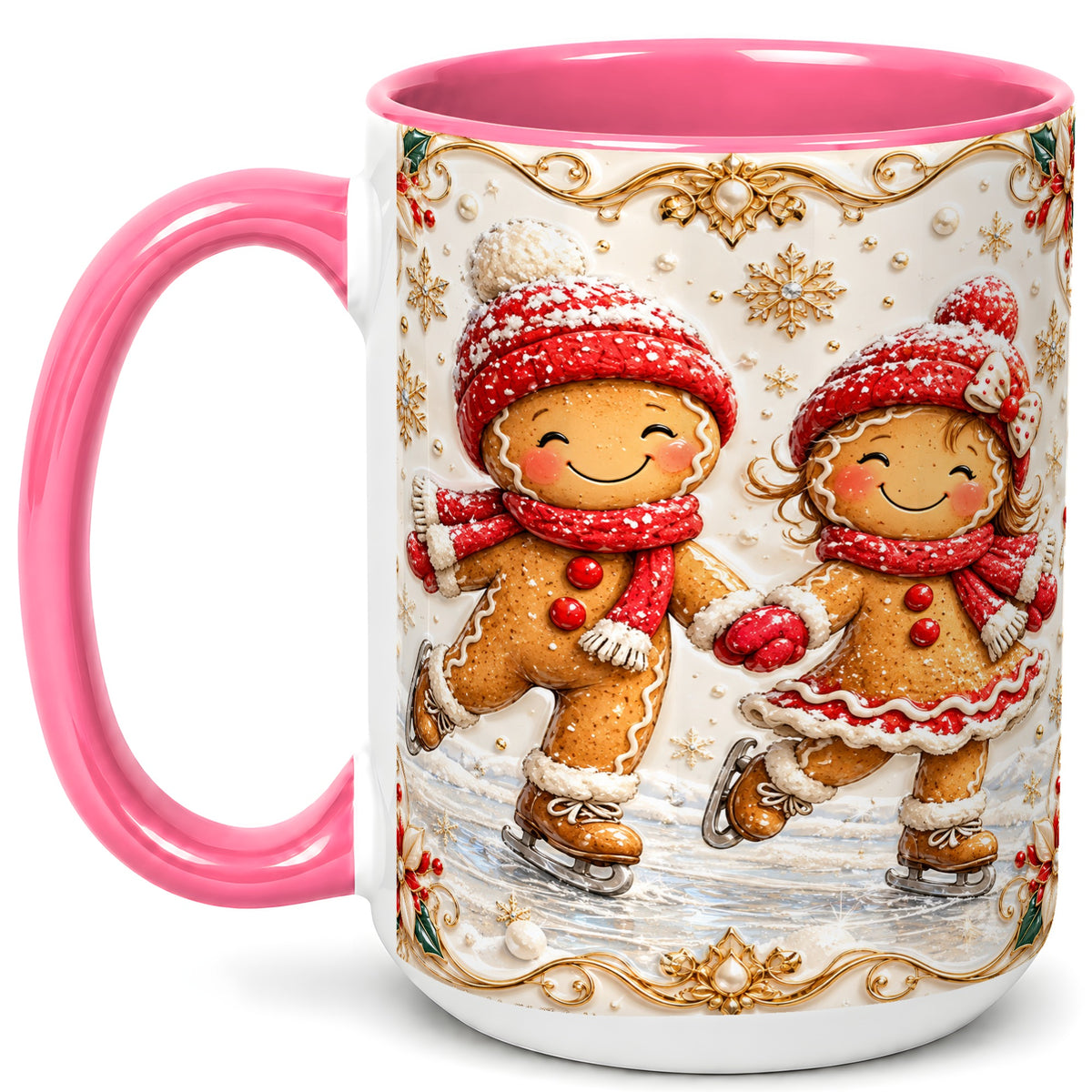 #pl[15oz|Pink] Gingerbread Skaters Coffee Mug, Christmas Couple Mug, Ceramic Cup