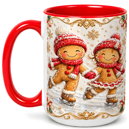 #pl[15oz|Red] Gingerbread Skaters Coffee Mug, Christmas Couple Mug, Ceramic Cup