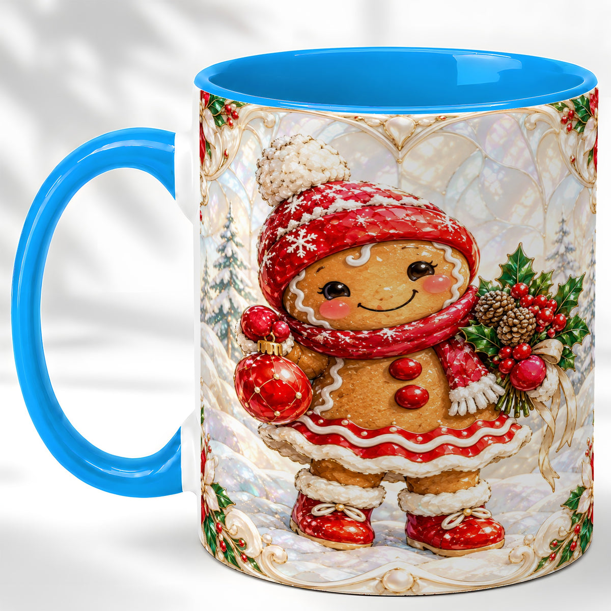 #pl[11oz|Blue] Gingerbread Girl Coffee Mug, Christmas Ornament Mug, Ceramic Cup
