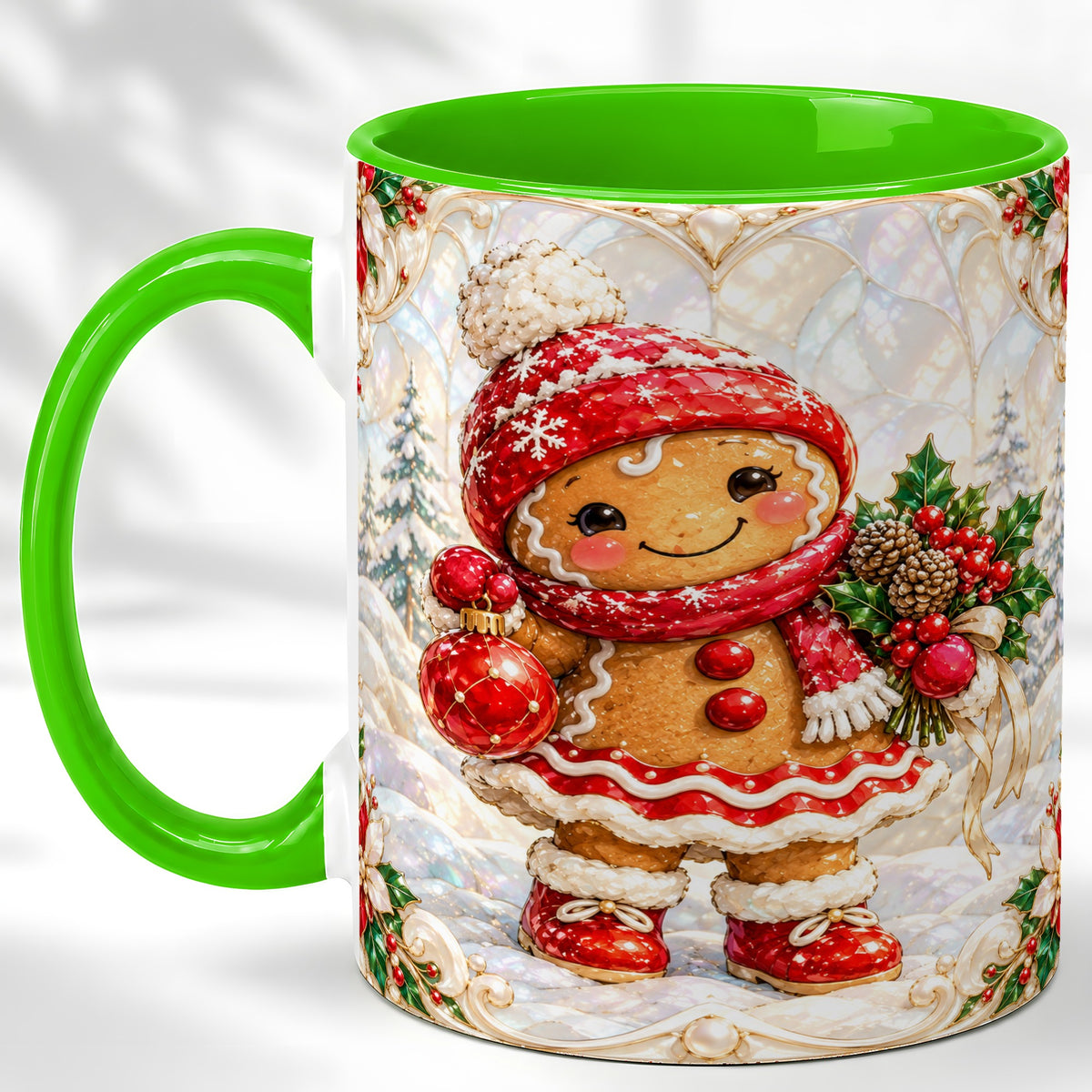 #pl[11oz|Green] Gingerbread Girl Coffee Mug, Christmas Ornament Mug, Ceramic Cup
