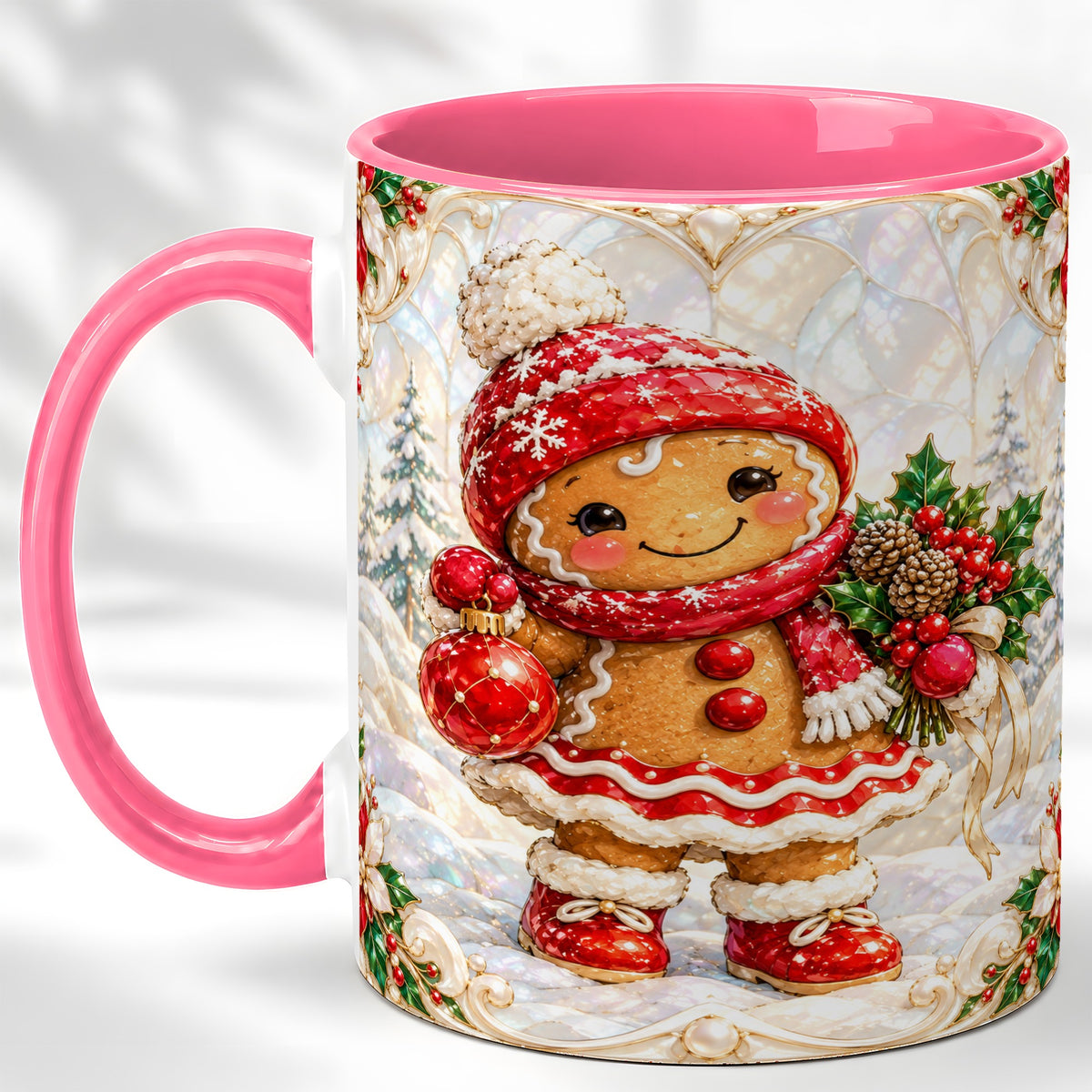 #pl[11oz|Pink] Gingerbread Girl Coffee Mug, Christmas Ornament Mug, Ceramic Cup