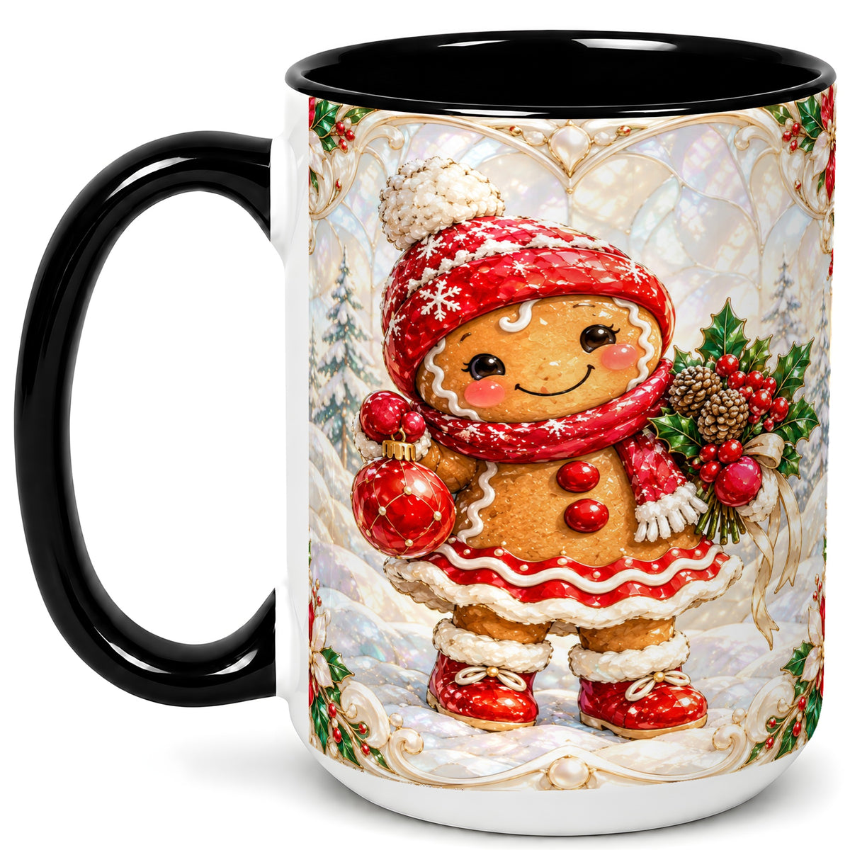 #pl[15oz|Black] Gingerbread Girl Coffee Mug, Christmas Ornament Mug, Ceramic Cup