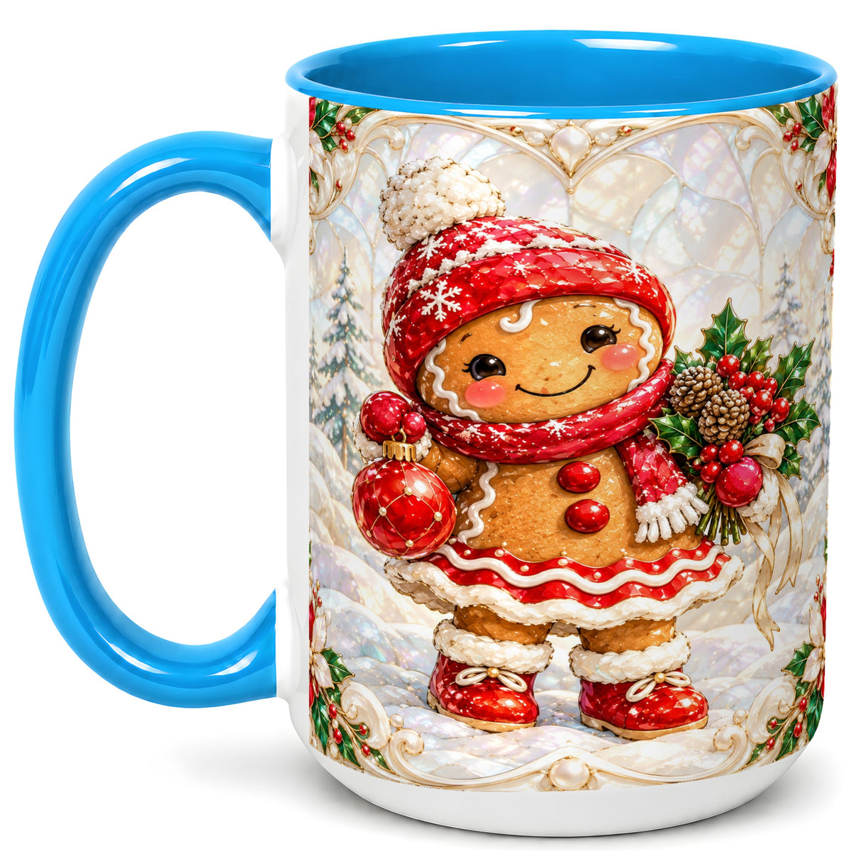 #pl[15oz|Blue] Gingerbread Girl Coffee Mug, Christmas Ornament Mug, Ceramic Cup