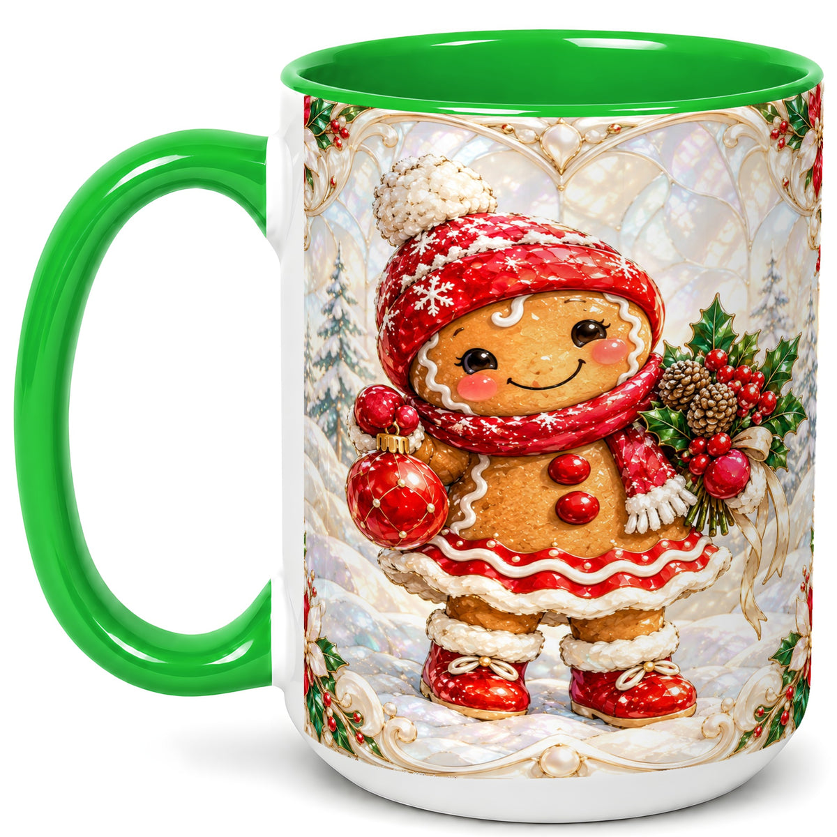 #pl[15oz|Green] Gingerbread Girl Coffee Mug, Christmas Ornament Mug, Ceramic Cup