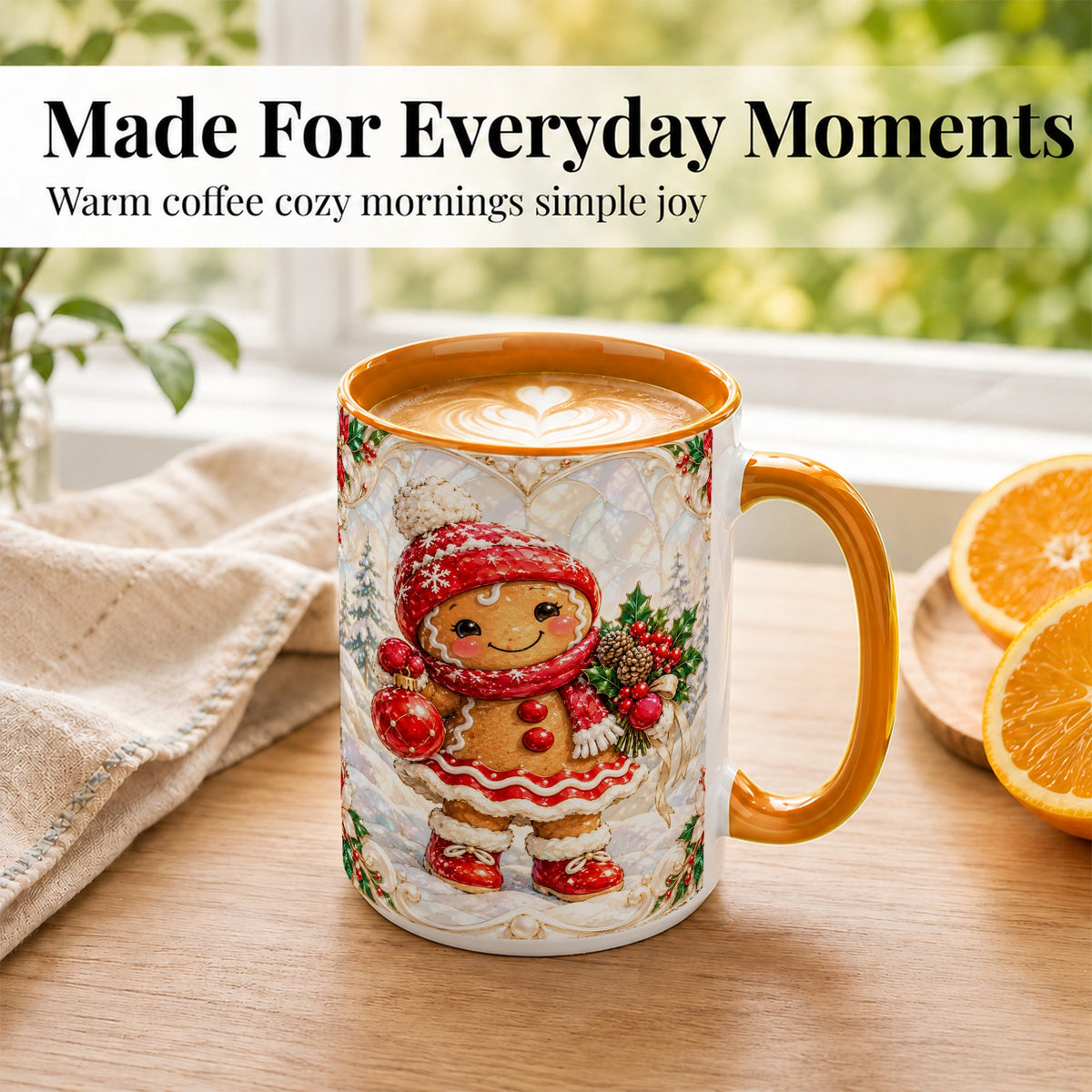 #pl[15oz|Orange] Gingerbread Girl Coffee Mug, Christmas Ornament Mug, Ceramic Cup