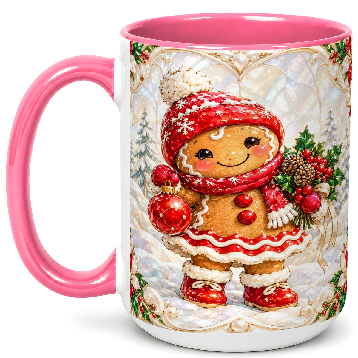 #pl[15oz|Pink] Gingerbread Girl Coffee Mug, Christmas Ornament Mug, Ceramic Cup