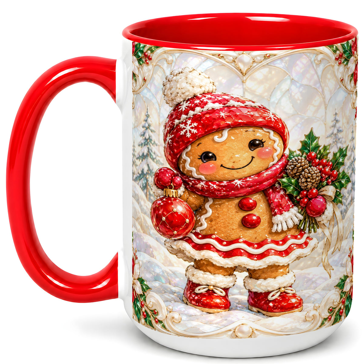 #pl[15oz|Red] Gingerbread Girl Coffee Mug, Christmas Ornament Mug, Ceramic Cup