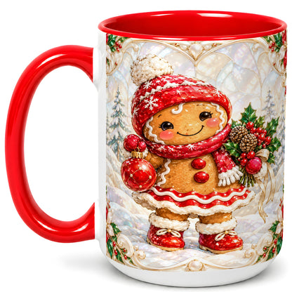 #pl[15oz|Red] Gingerbread Girl Coffee Mug, Christmas Ornament Mug, Ceramic Cup
