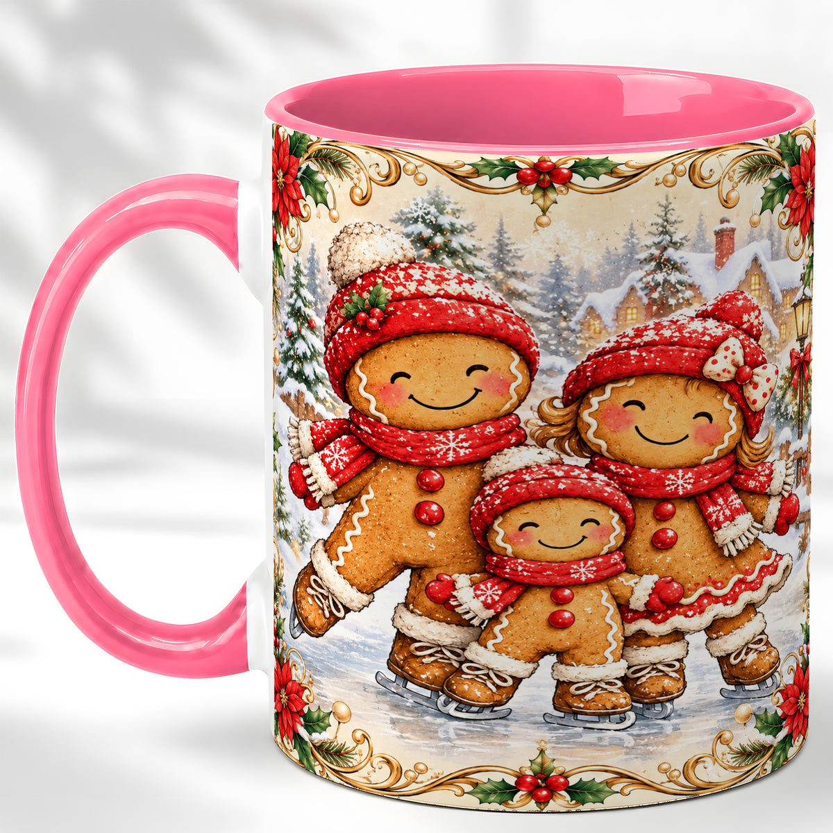 #pl[11oz|Pink] Gingerbread Family Coffee Mug, Christmas Mug, Ceramic Cup