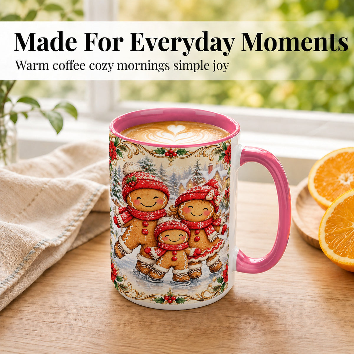 #pl[15oz|Pink] Gingerbread Family Coffee Mug, Christmas Mug, Ceramic Cup