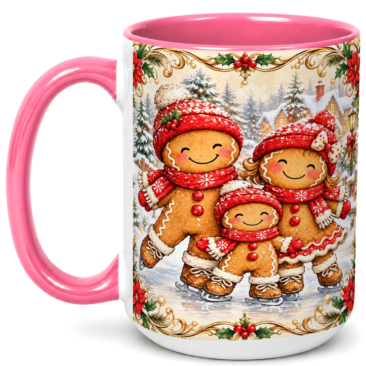 #pl[15oz|Pink] Gingerbread Family Coffee Mug, Christmas Mug, Ceramic Cup