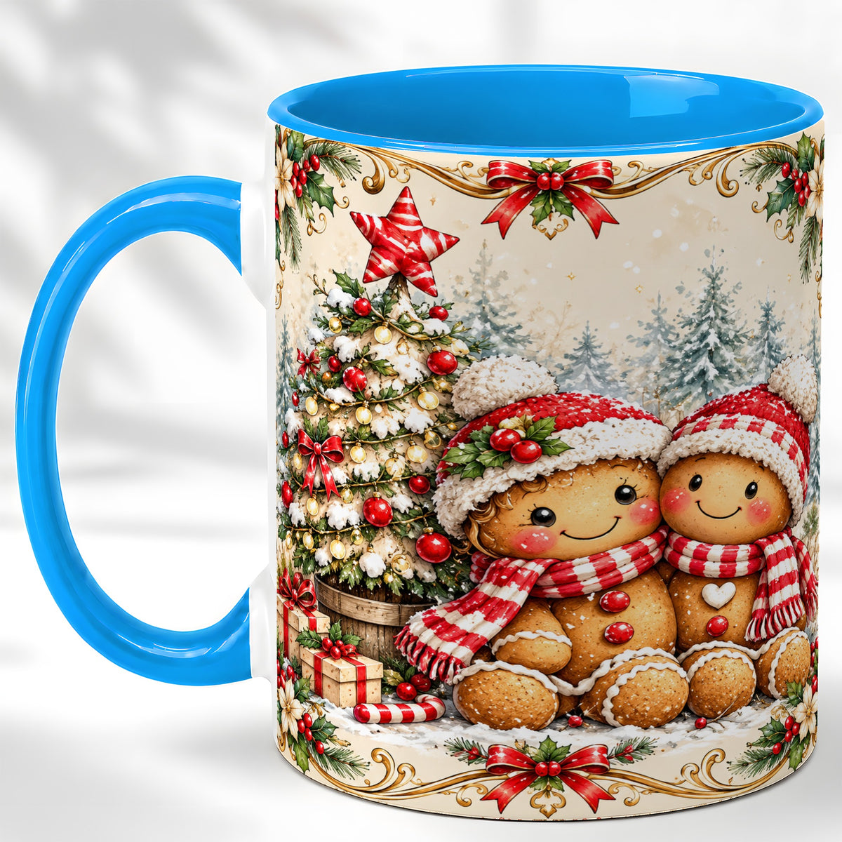 #pl[11oz|Blue] Gingerbread Couple Coffee Mug, Christmas Mug, Ceramic Cup