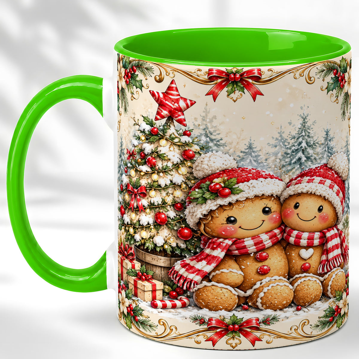 #pl[11oz|Green] Gingerbread Couple Coffee Mug, Christmas Mug, Ceramic Cup