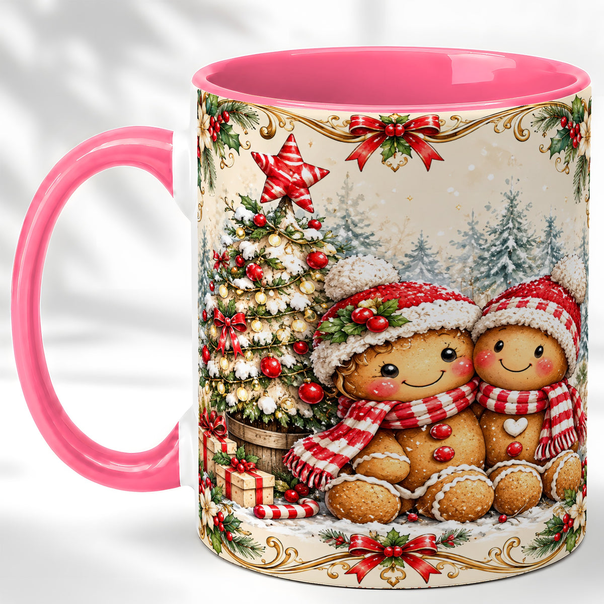 #pl[11oz|Pink] Gingerbread Couple Coffee Mug, Christmas Mug, Ceramic Cup