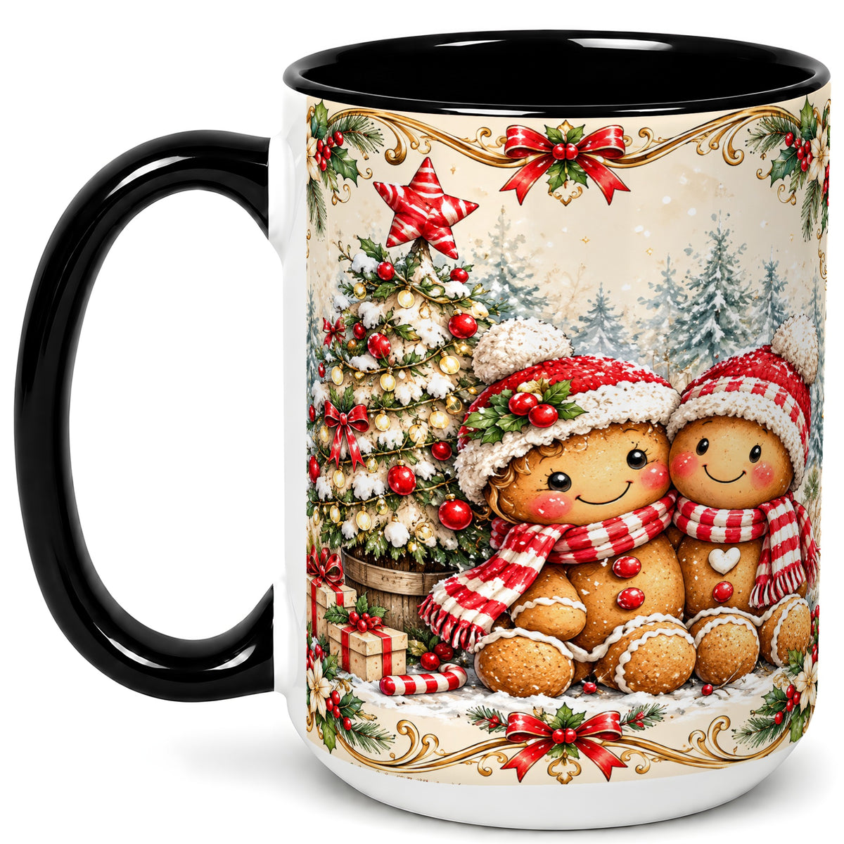 #pl[15oz|Black] Gingerbread Couple Coffee Mug, Christmas Mug, Ceramic Cup
