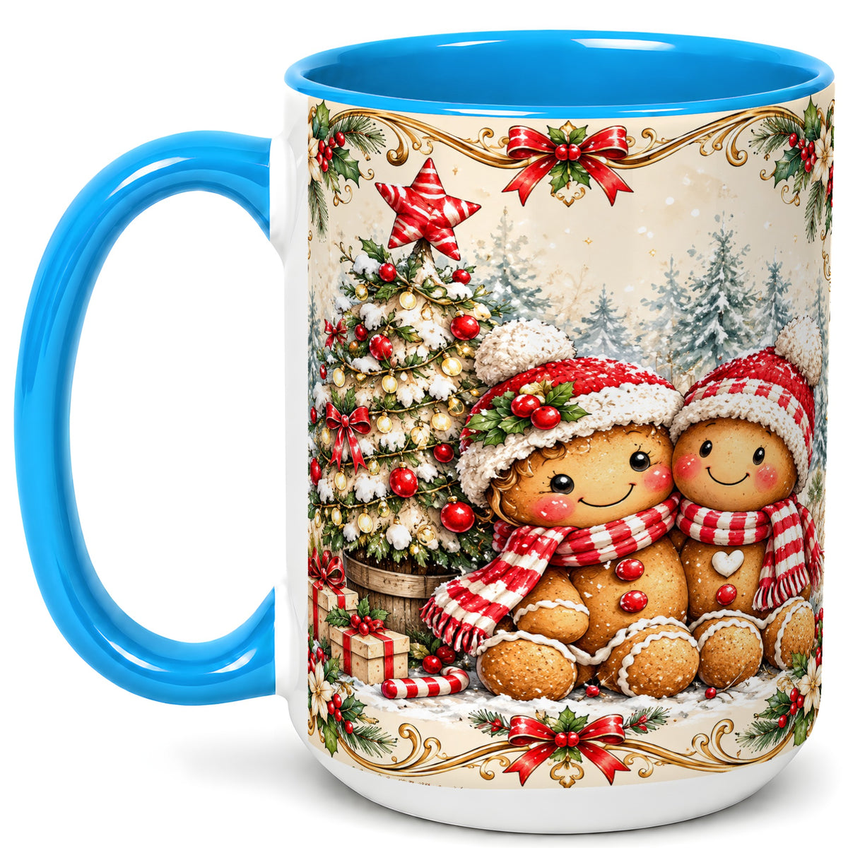 #pl[15oz|Blue] Gingerbread Couple Coffee Mug, Christmas Mug, Ceramic Cup