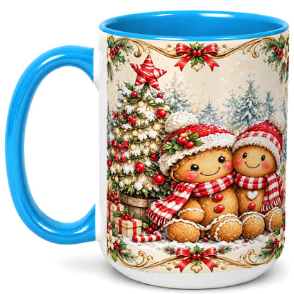 #pl[15oz|Blue] Gingerbread Couple Coffee Mug, Christmas Mug, Ceramic Cup