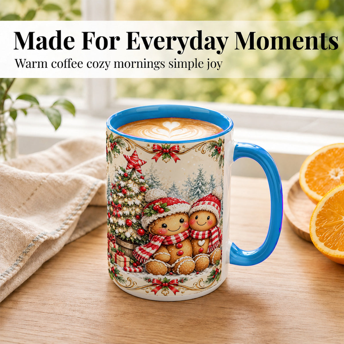 #pl[15oz|Blue] Gingerbread Couple Coffee Mug, Christmas Mug, Ceramic Cup