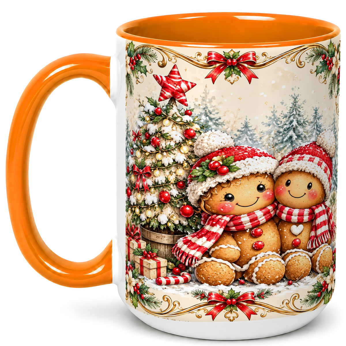 #pl[15oz|Orange] Gingerbread Couple Coffee Mug, Christmas Mug, Ceramic Cup