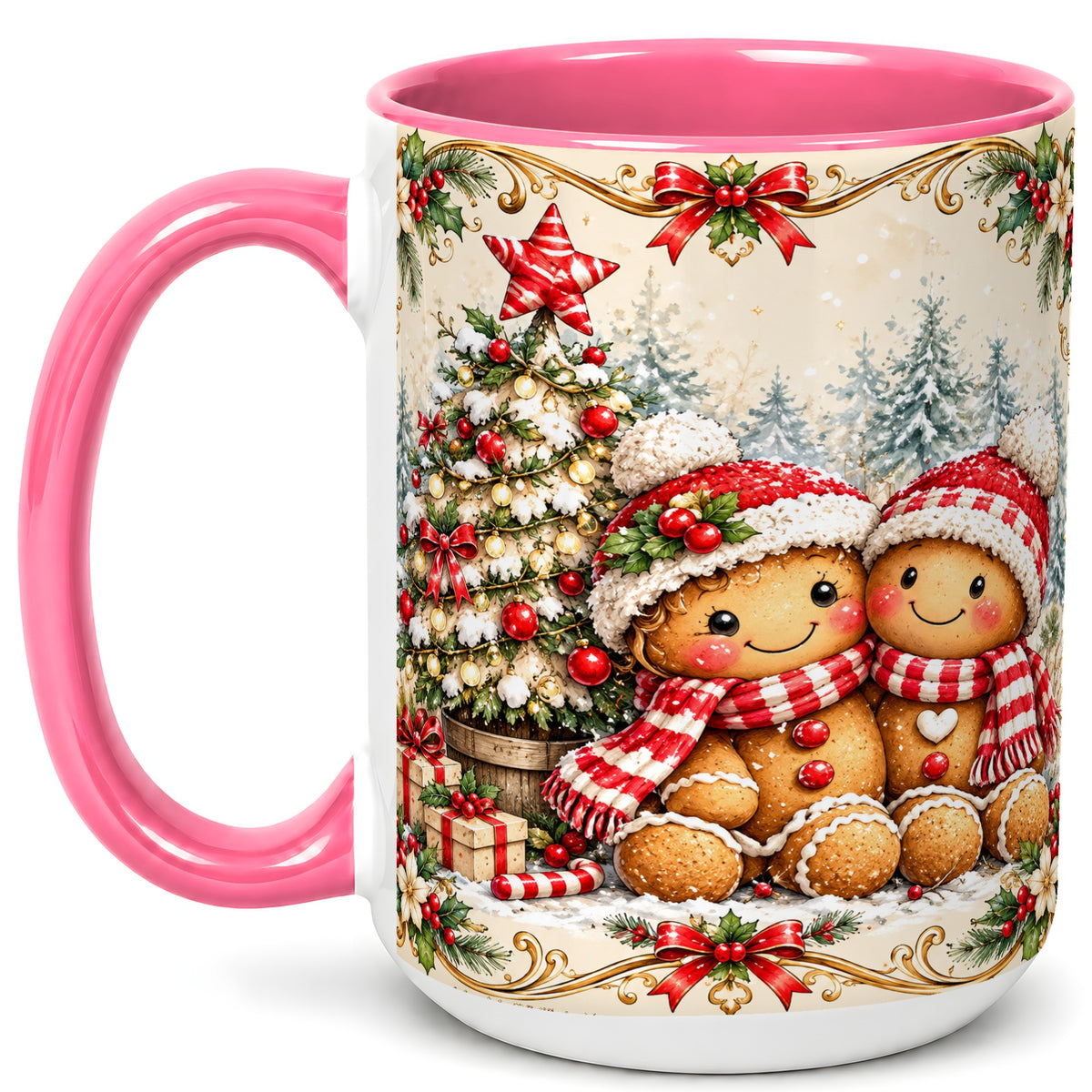 #pl[15oz|Pink] Gingerbread Couple Coffee Mug, Christmas Mug, Ceramic Cup