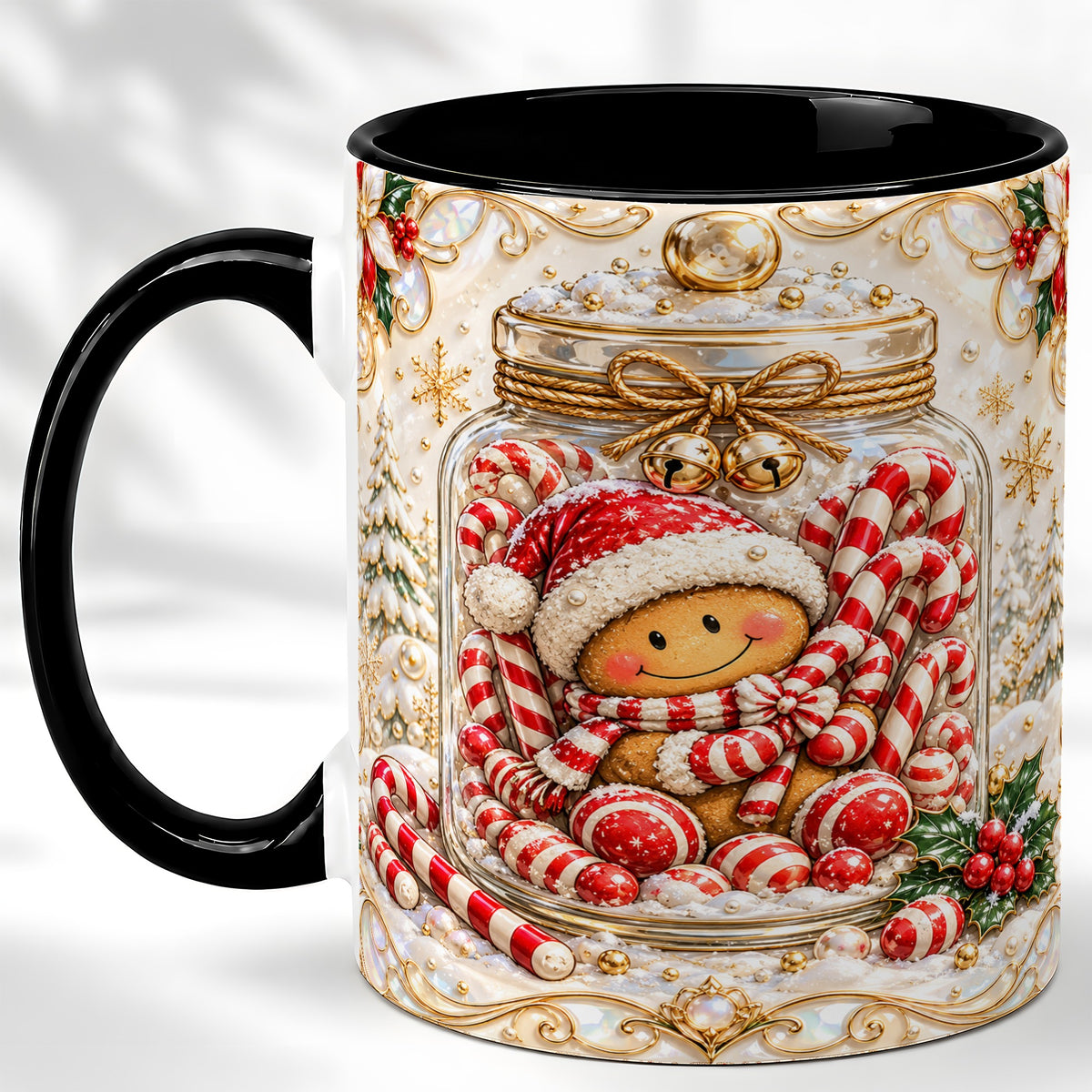 #pl[11oz|Black] Gingerbread Candy Jar Coffee Mug, Christmas Mug, Ceramic Cup
