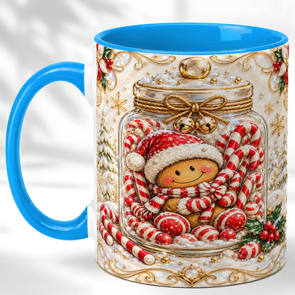#pl[11oz|Blue] Gingerbread Candy Jar Coffee Mug, Christmas Mug, Ceramic Cup
