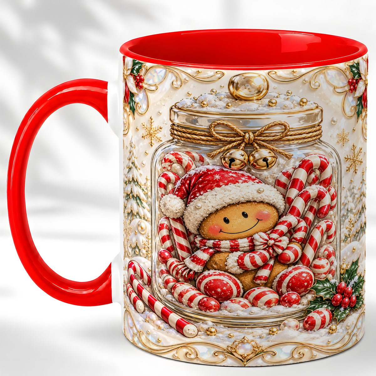 Gingerbread Candy Jar Coffee Mug, Christmas Mug, Ceramic Cup