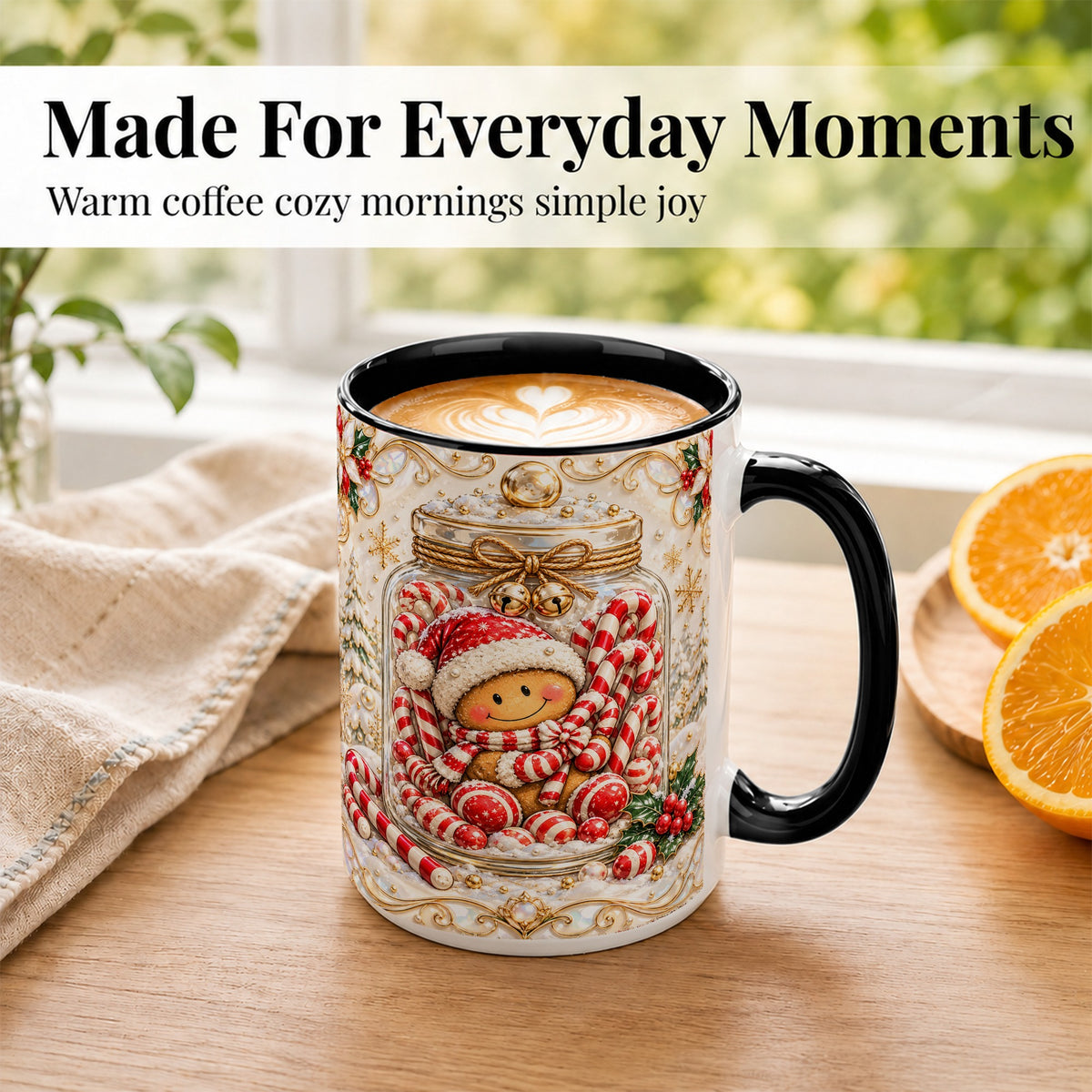 #pl[15oz|Black] Gingerbread Candy Jar Coffee Mug, Christmas Mug, Ceramic Cup