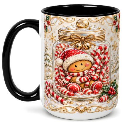 #pl[15oz|Black] Gingerbread Candy Jar Coffee Mug, Christmas Mug, Ceramic Cup