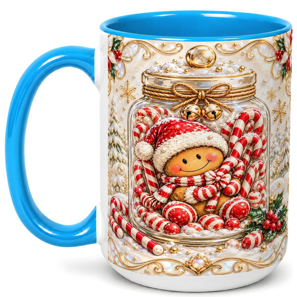 #pl[15oz|Blue] Gingerbread Candy Jar Coffee Mug, Christmas Mug, Ceramic Cup