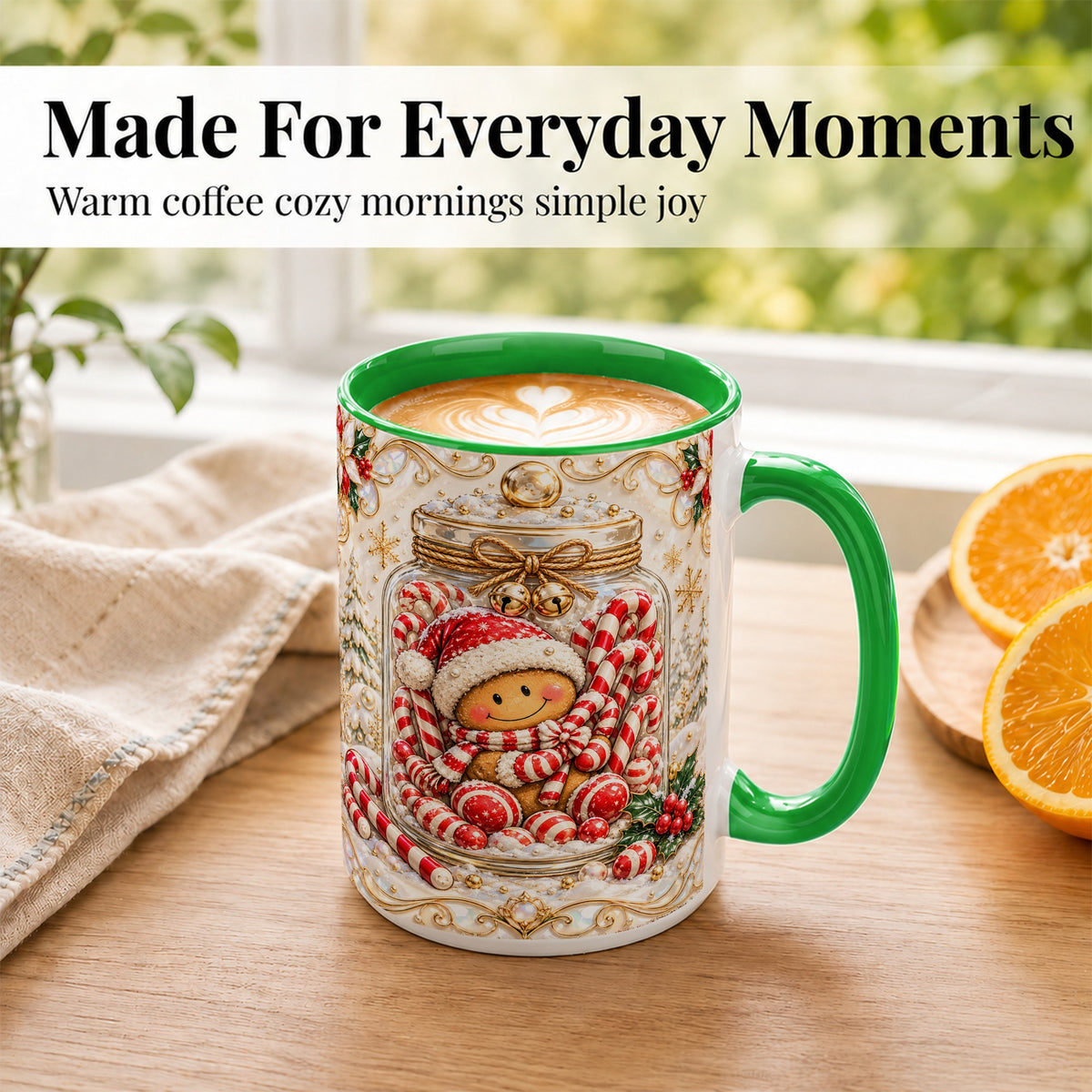 #pl[15oz|Green] Gingerbread Candy Jar Coffee Mug, Christmas Mug, Ceramic Cup