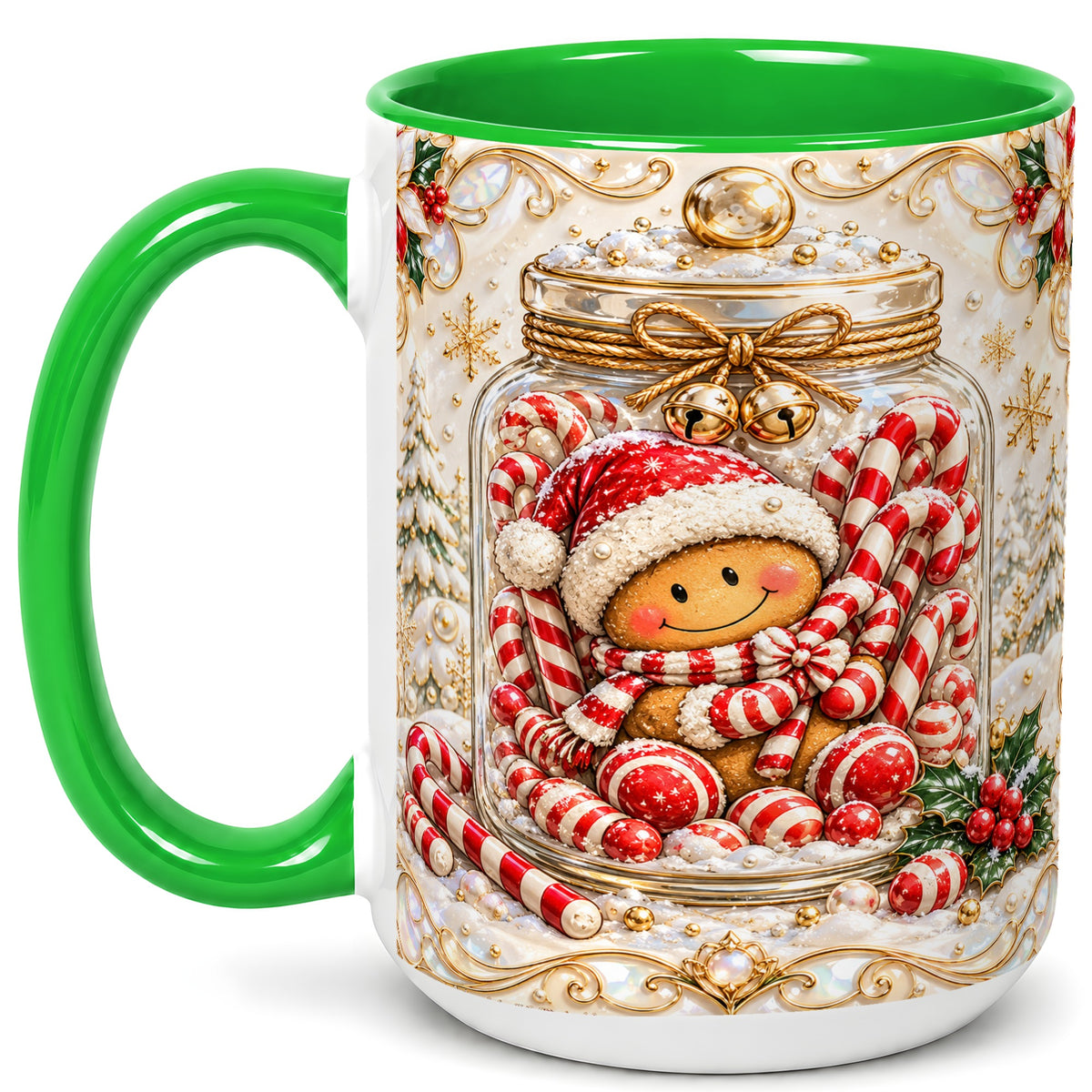 #pl[15oz|Green] Gingerbread Candy Jar Coffee Mug, Christmas Mug, Ceramic Cup