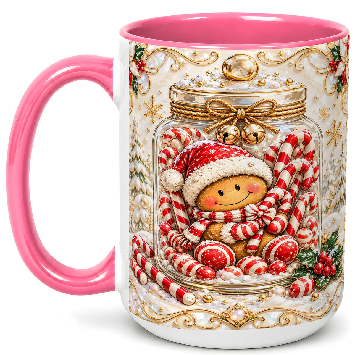 #pl[15oz|Pink] Gingerbread Candy Jar Coffee Mug, Christmas Mug, Ceramic Cup