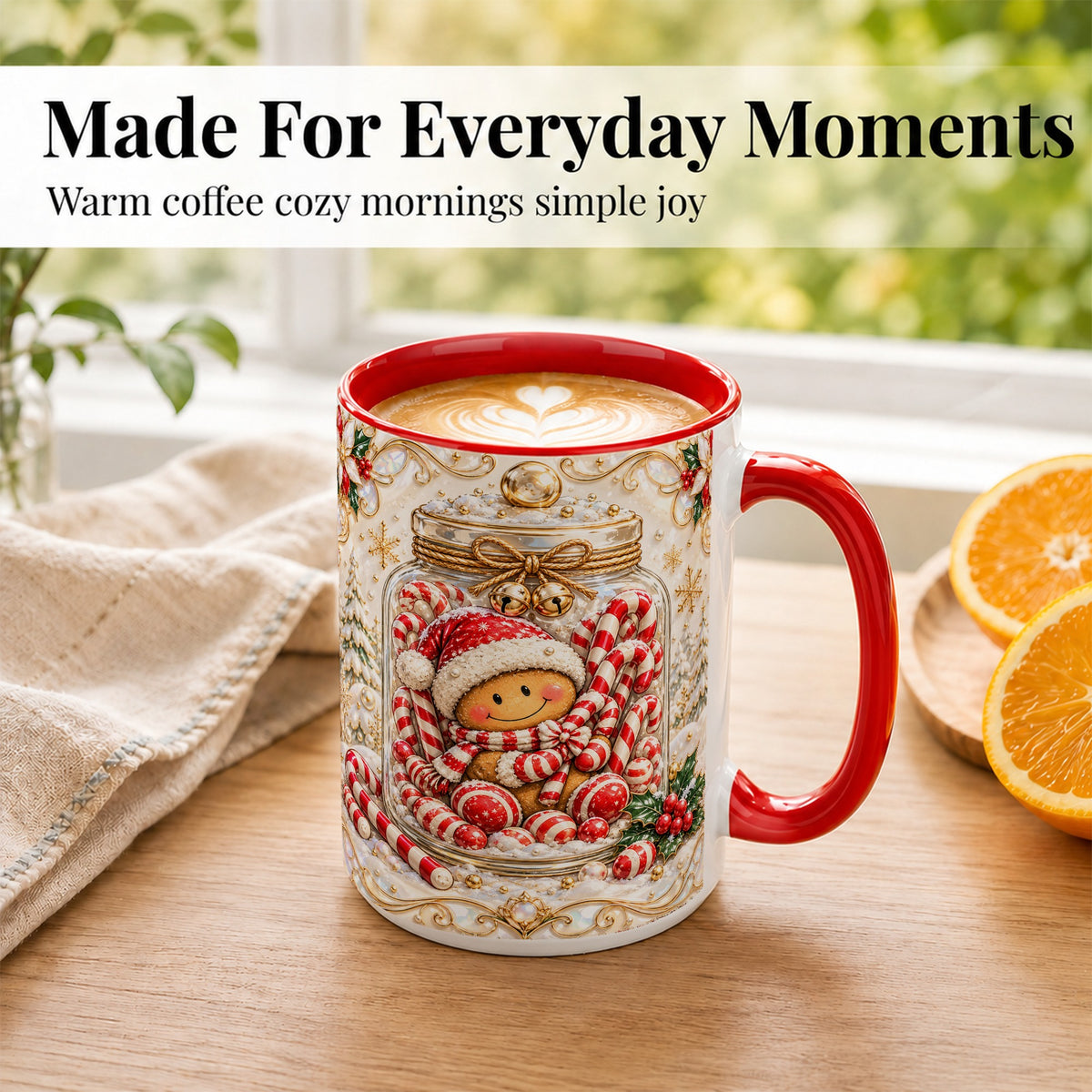 #pl[15oz|Red] Gingerbread Candy Jar Coffee Mug, Christmas Mug, Ceramic Cup