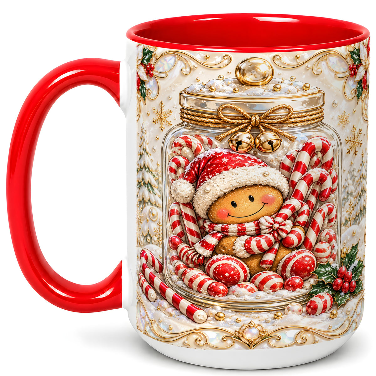 #pl[15oz|Red] Gingerbread Candy Jar Coffee Mug, Christmas Mug, Ceramic Cup
