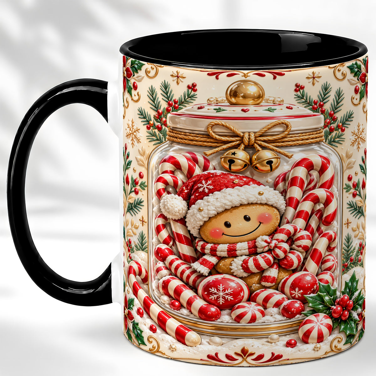 #pl[11oz|Black] Gingerbread Candy Jar Coffee Mug, Christmas Mug, Ceramic Cup