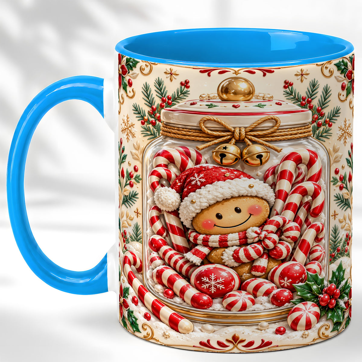 #pl[11oz|Blue] Gingerbread Candy Jar Coffee Mug, Christmas Mug, Ceramic Cup