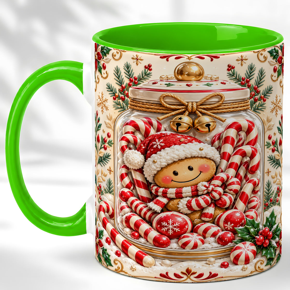 #pl[11oz|Green] Gingerbread Candy Jar Coffee Mug, Christmas Mug, Ceramic Cup