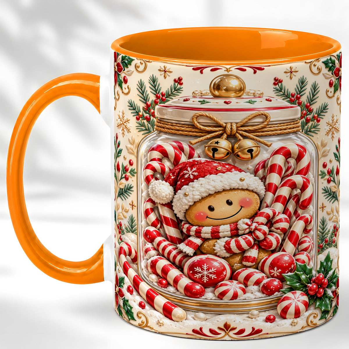 #pl[11oz|Orange] Gingerbread Candy Jar Coffee Mug, Christmas Mug, Ceramic Cup