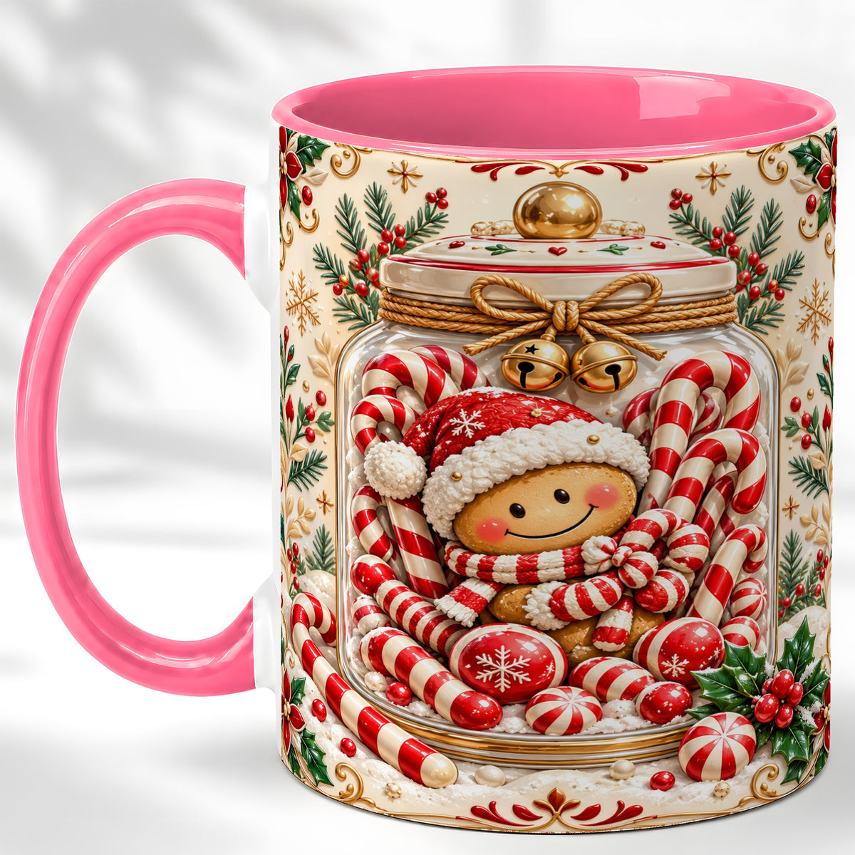 #pl[11oz|Pink] Gingerbread Candy Jar Coffee Mug, Christmas Mug, Ceramic Cup