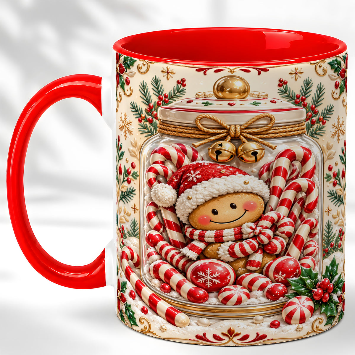 Gingerbread Candy Jar Coffee Mug, Christmas Mug, Ceramic Cup