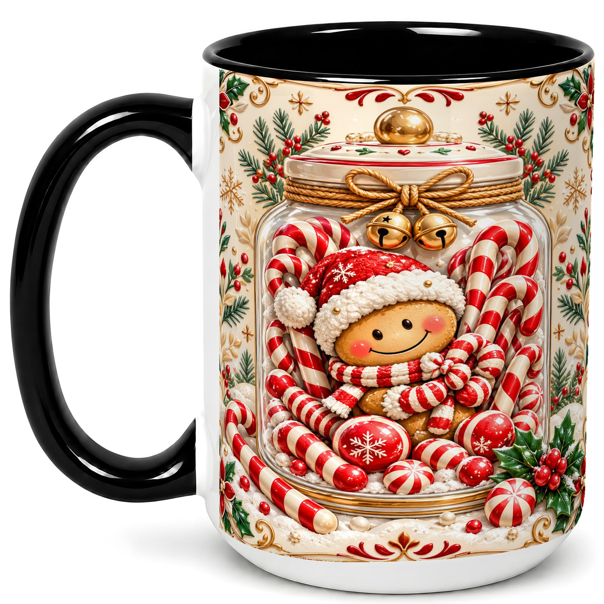 #pl[15oz|Black] Gingerbread Candy Jar Coffee Mug, Christmas Mug, Ceramic Cup