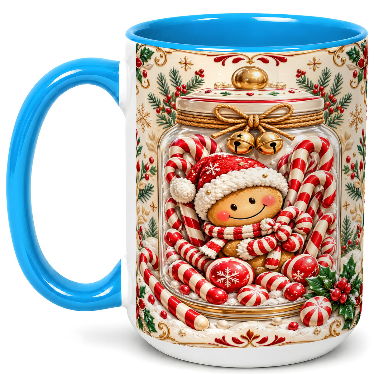 #pl[15oz|Blue] Gingerbread Candy Jar Coffee Mug, Christmas Mug, Ceramic Cup