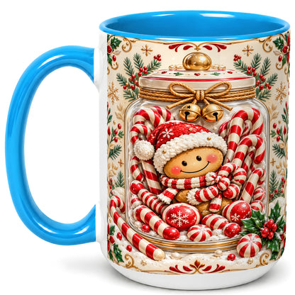 #pl[15oz|Blue] Gingerbread Candy Jar Coffee Mug, Christmas Mug, Ceramic Cup