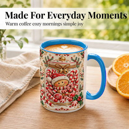 #pl[15oz|Blue] Gingerbread Candy Jar Coffee Mug, Christmas Mug, Ceramic Cup