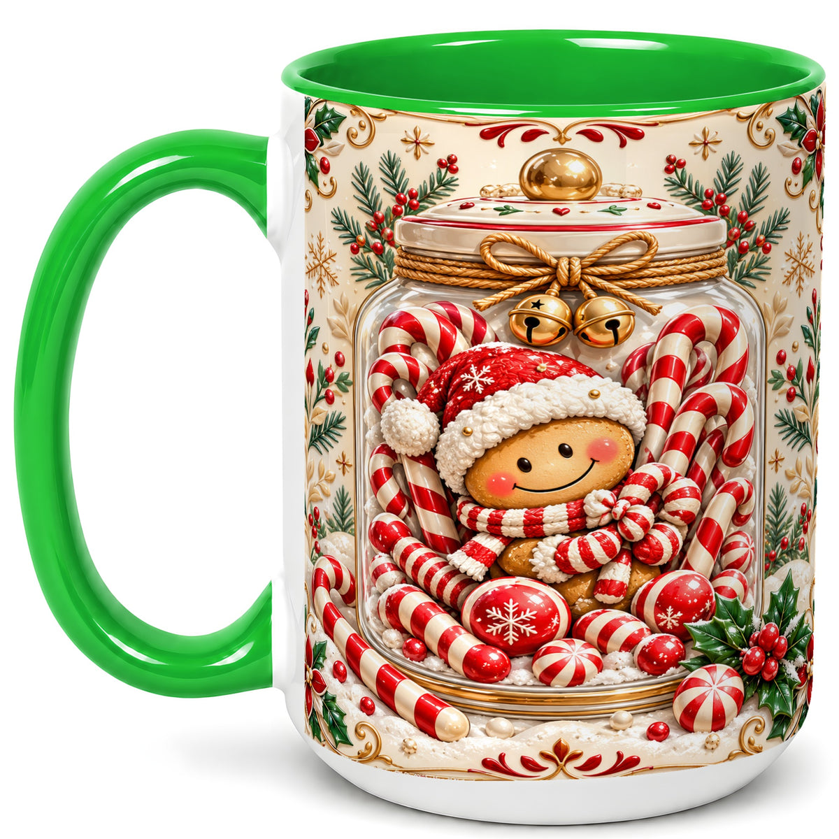 #pl[15oz|Green] Gingerbread Candy Jar Coffee Mug, Christmas Mug, Ceramic Cup