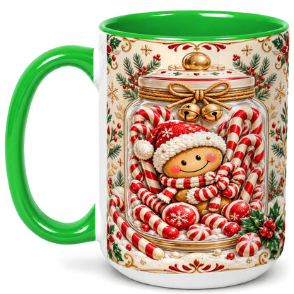 #pl[15oz|Green] Gingerbread Candy Jar Coffee Mug, Christmas Mug, Ceramic Cup