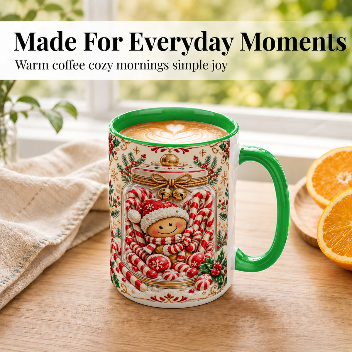 #pl[15oz|Green] Gingerbread Candy Jar Coffee Mug, Christmas Mug, Ceramic Cup