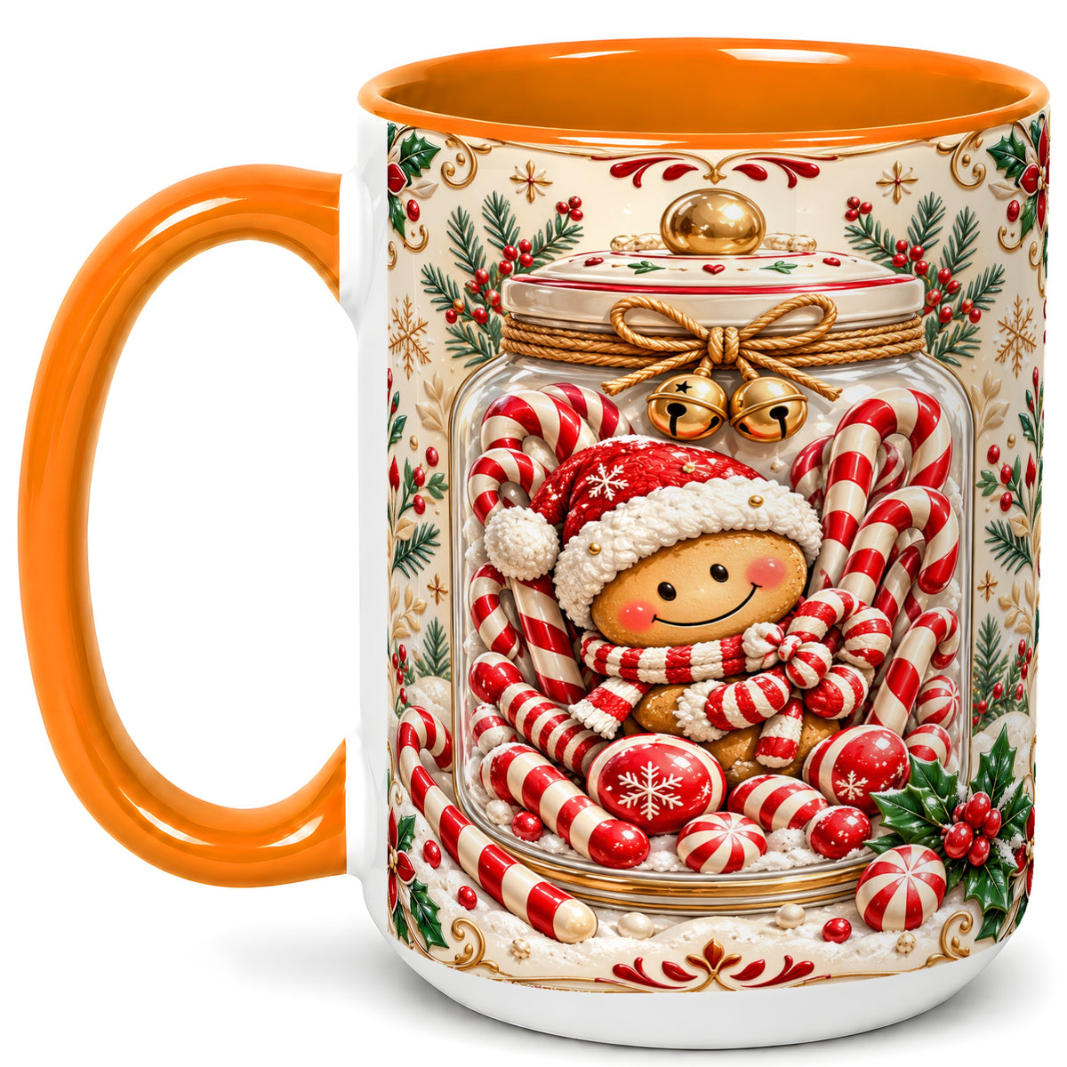 #pl[15oz|Orange] Gingerbread Candy Jar Coffee Mug, Christmas Mug, Ceramic Cup